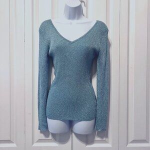 Ballinger Gold-Women's Light Blue Sparkle Thread-Small-Long Sleeve Low Cut V Nec